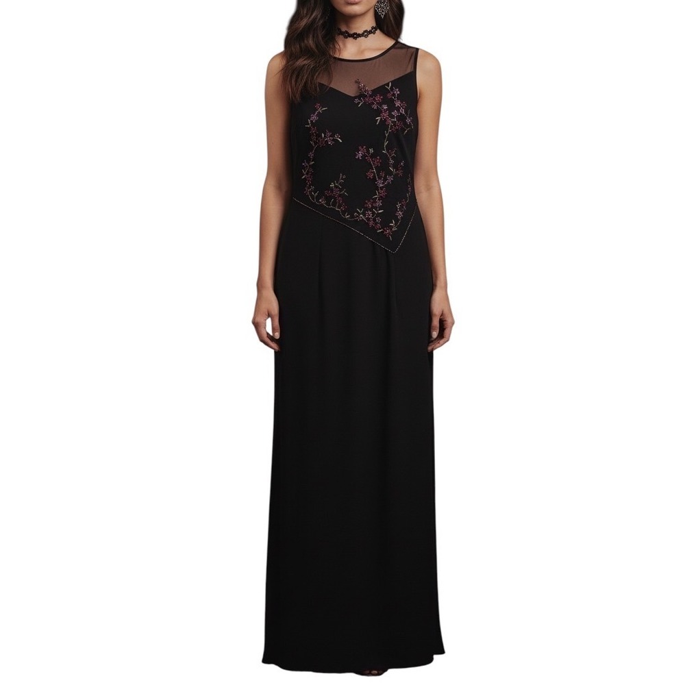 ABS Black Fairycore Maxi Dress SZ 4 Floral Sheer Mesh‎ Dark Romantic Whimsigoth